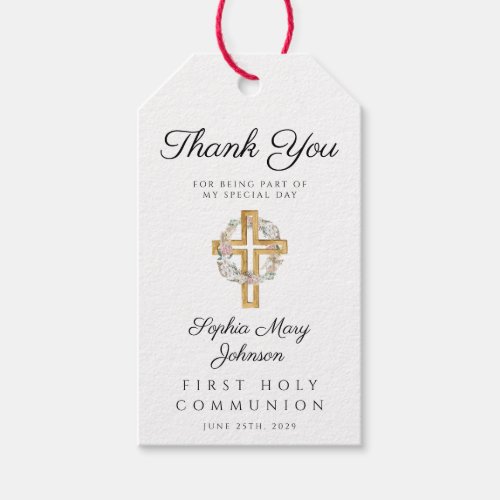 Elegant Floral Wreath Cross Girl First Communion Gift Tags