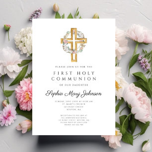 Elegant Floral Wreath Cross Girl First Communion Invitation
