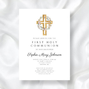 Elegant Floral Wreath Cross Girl First Communion Invitation
