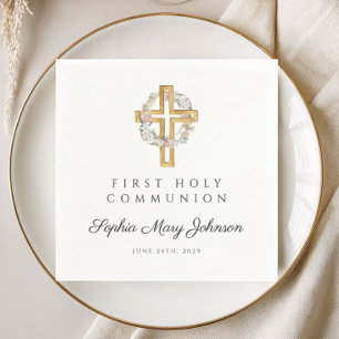 Elegant Floral Wreath Cross Girl First Communion Napkins