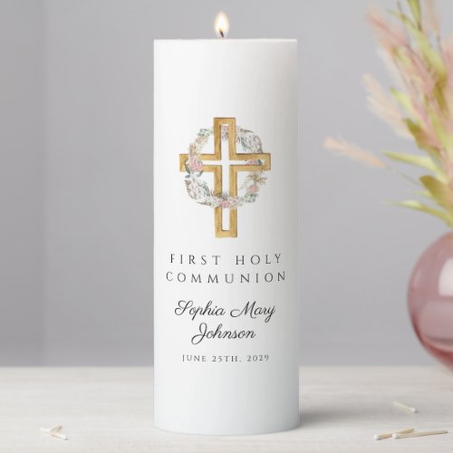 Elegant Floral Wreath Cross Girl First Communion  Pillar Candle