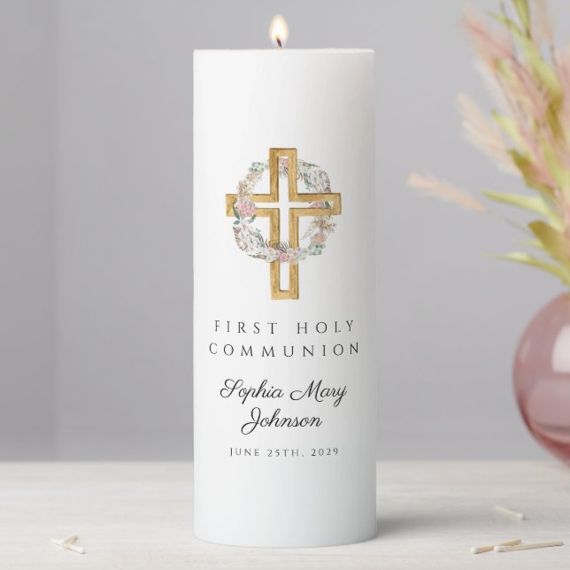 Elegant Floral Wreath Cross Girl First Communion  Pillar Candle (In Situ)