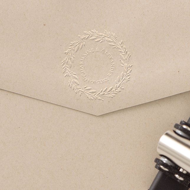 Elegant Floral Wreath Custom Names & Wedding Date Embosser (Creator Uploaded)