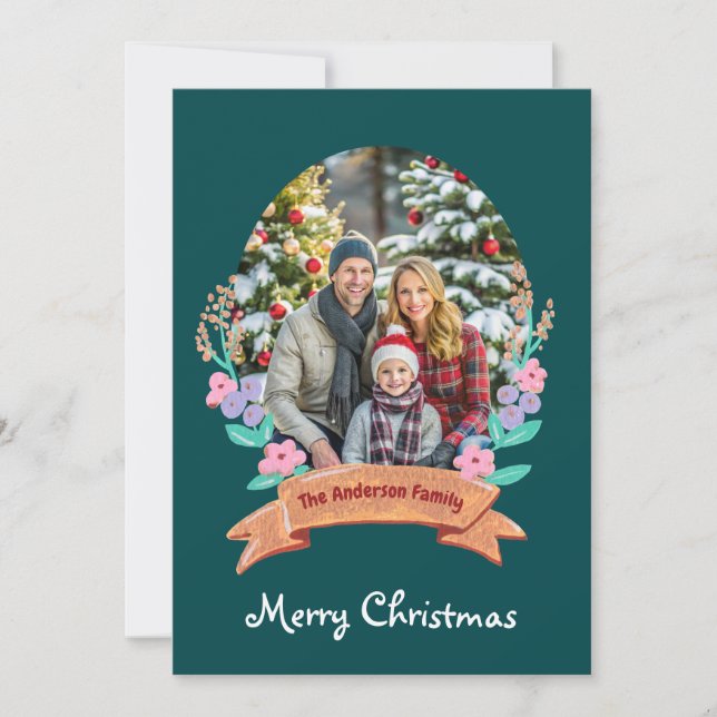 elegant Floral Wreath dark green photo Christmas Holiday Card (Front)