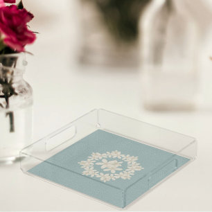 Elegant Floral Wreath Duck Egg Blue Acrylic Tray
