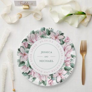 Elegant Floral Wreath Dusty Pink Magnolia Wedding Paper Plates