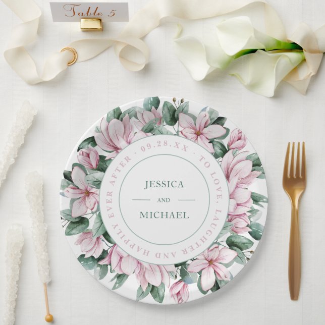 Elegant Floral Wreath Dusty Pink Magnolia Wedding Paper Plates (Wedding)