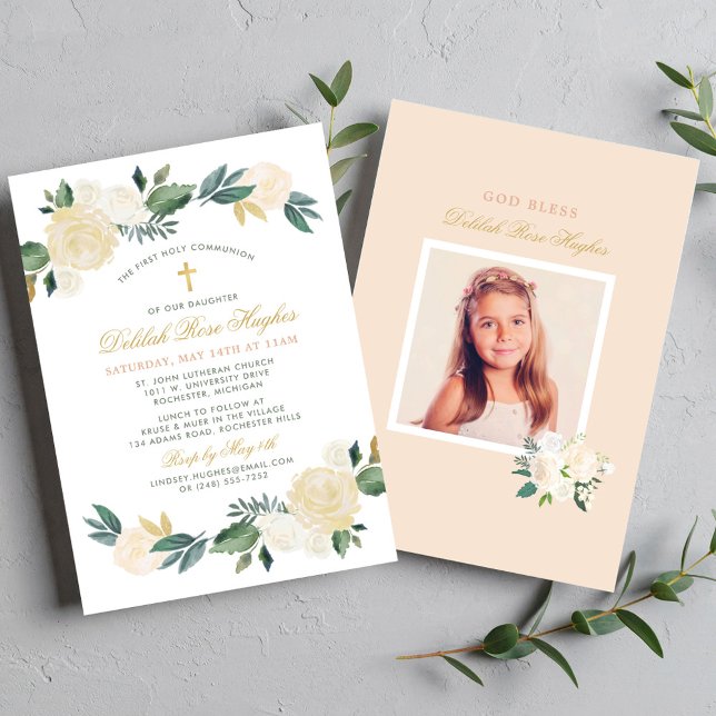 Elegant Floral Wreath First Communion Girl Invitation (Creator Uploaded)