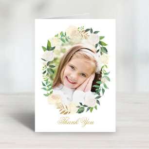 Elegant Floral Wreath First Communion Photo Letterpress Thank You Card