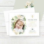 Elegant Floral Wreath First Communion Photo Thank You Card<br><div class="desc">This elegant First Holy Communion flat thank you card for a girl features a photo beautifully framed by a watercolor wreath of white and cream roses with lush greenery and gold leaf accents. A gold cross, "Thank You" header, and calligraphy message in green and gold create a refined, coordinating design....</div>