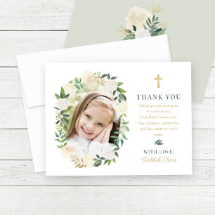 Elegant Floral Wreath First Communion Photo Thank You Card