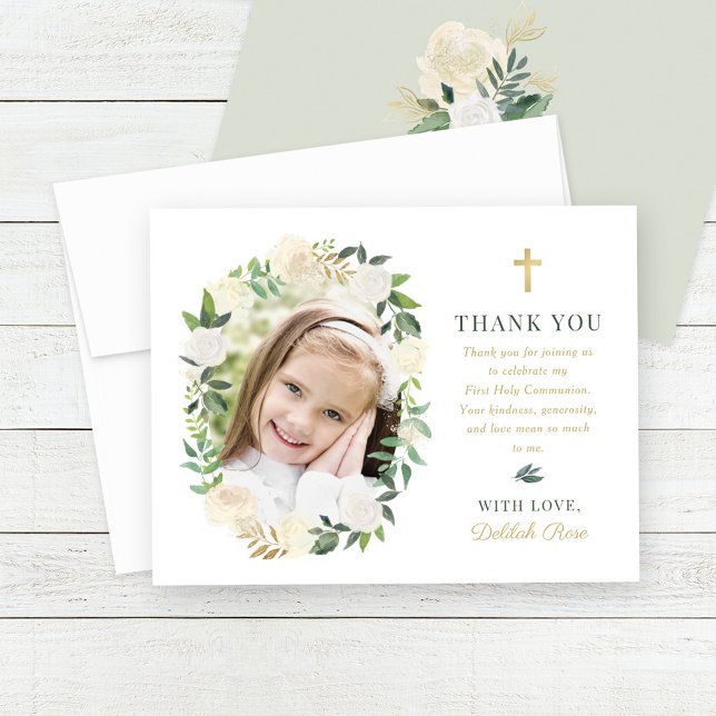 Elegant Floral Wreath First Communion Photo Thank You Card (Creator Uploaded)