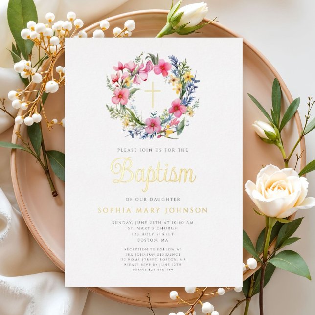 Elegant Floral Wreath Girl Baptism Gold Foil Invitation (Elegant Floral Wreath Girl Baptism Gold Foil Invitation)