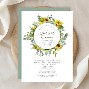 Elegant Floral Wreath Girl First Communion  Invitation
