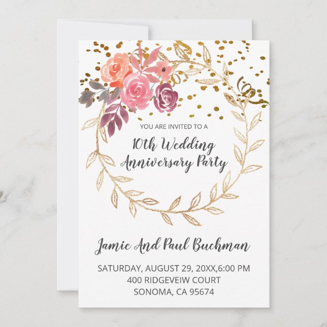 Elegant Floral Wreath Glitter 10th Wedding  Invitation (Front)