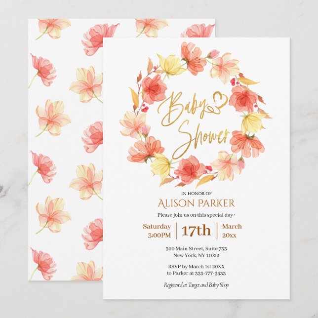 Elegant Floral Wreath Gold Script Watercolor Invitation (Front/Back)