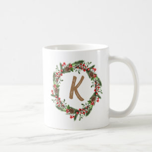 Elegant Floral Wreath Monogram Initial Christmas Coffee Mug