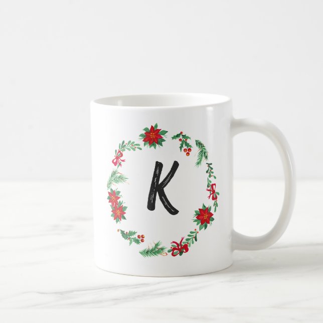 Elegant  Floral Wreath Monogram Initial Christmas  Coffee Mug (Right)