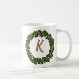 Elegant  Floral Wreath Monogram Initial Christmas  Coffee Mug