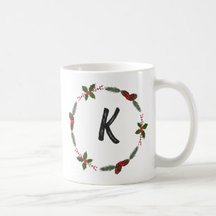 Elegant  Floral Wreath Monogram Initial Christmas  Coffee Mug