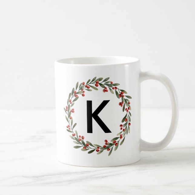 Elegant  Floral Wreath Monogram Initial Christmas Coffee Mug (Right)