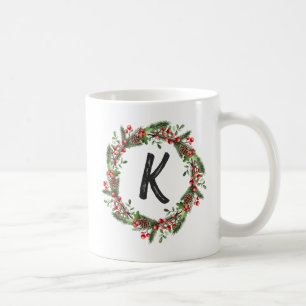 Elegant  Floral Wreath Monogram Initial Christmas  Coffee Mug