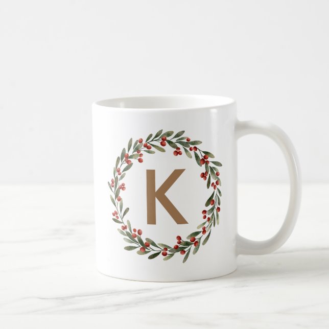 Elegant  Floral Wreath Monogram Initial Christmas  Coffee Mug (Right)