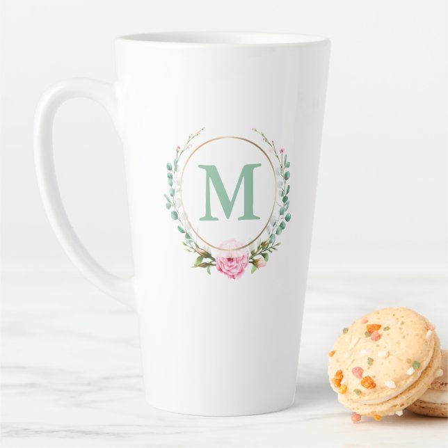 Elegant Floral Wreath Monogram Pink Rose Latte Mug (In Situ)