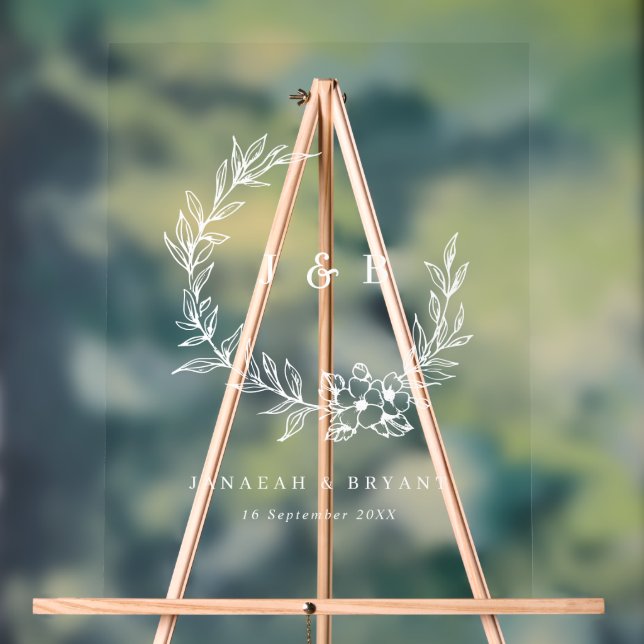 Elegant Floral Wreath Monogram Wedding  Acrylic Sign (Neutral)