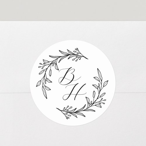 Elegant Floral Wreath Monogram Wedding  Classic Round Sticker