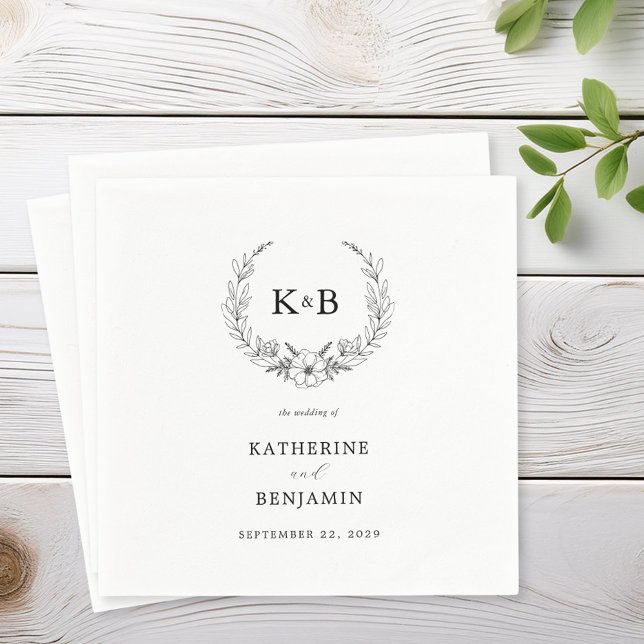 Elegant Floral Wreath Monogram Wedding Napkins (Creator Uploaded)