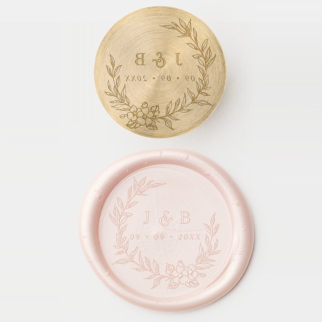 Elegant Floral Wreath Monogram Wedding Wax Seal Stamp (Stamped)