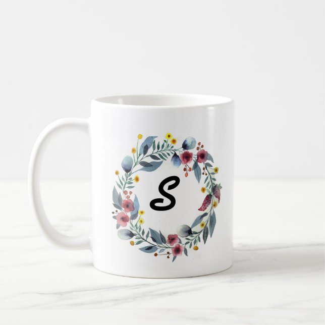 Elegant Floral Wreath Monogrammed Coffee Mug (Left)