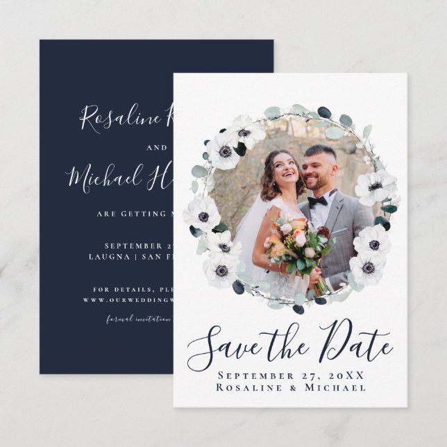 Elegant Floral Wreath Navy Blue Save the Date Invitation (Front/Back)