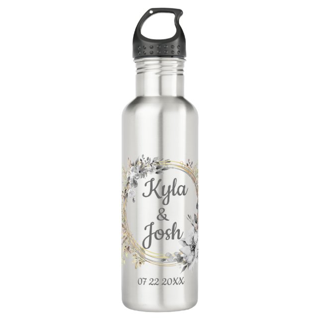 Elegant Floral Wreath Personalized Wedding  Stainless Steel Water Bottle (Front)