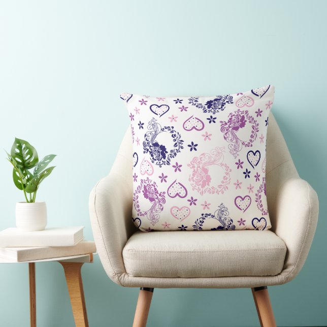 Elegant Floral Wreath & Polka Dot Hearts Pattern  Throw Pillow (Chair)