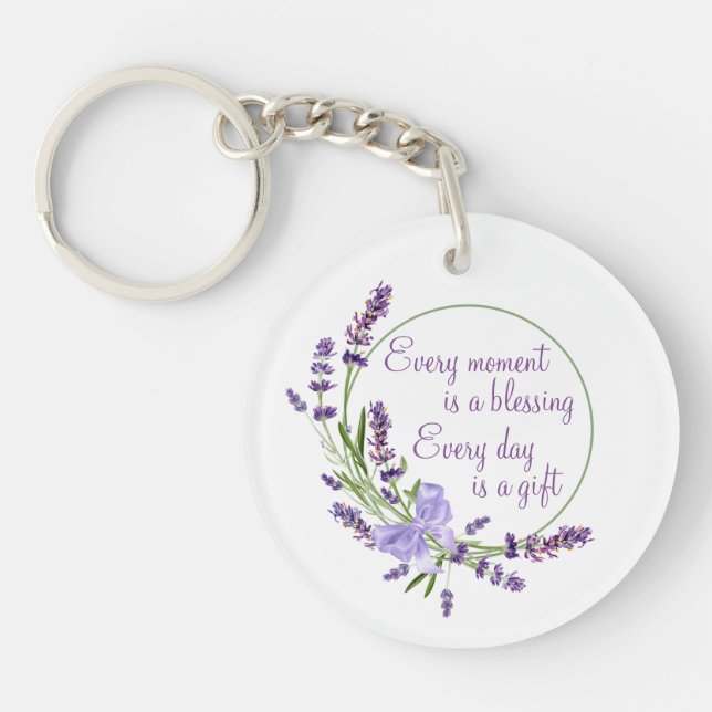 Elegant Floral Wreath Purple Flowers & Blessing Keychain (Front)
