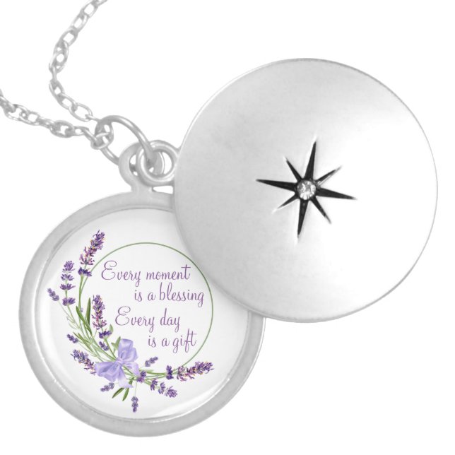 Elegant Floral Wreath Purple Flowers & Blessing Locket Necklace (Front)