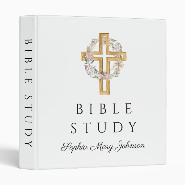 Elegant Floral Wreath Religious Cross Bible Study 3 Ring Binder (Front/Spine)