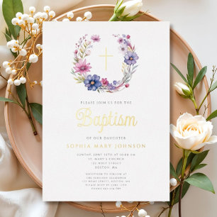 Elegant Floral Wreath Religious Cross Girl Baptism Foil Invitation