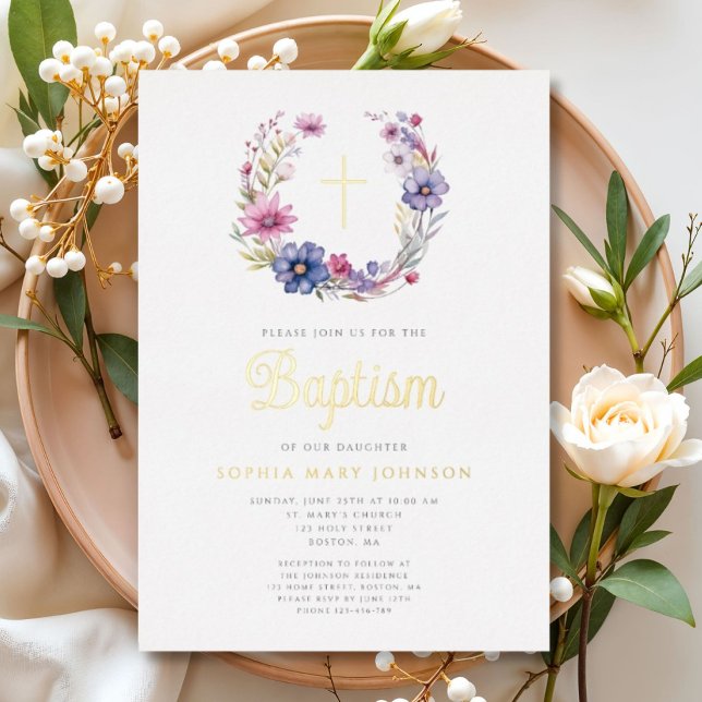 Elegant Floral Wreath Religious Cross Girl Baptism Foil Invitation (Elegant Floral Wreath Religious Cross Girl Baptism Foil Invitation)