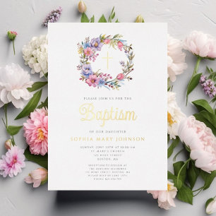 Elegant Floral Wreath Religious Girl Baptism Gold Foil Invitation