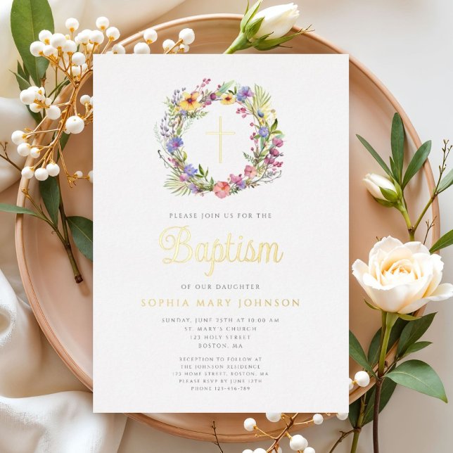 Elegant Floral Wreath Religious Girl Baptism Gold Foil Invitation (Elegant Floral Wreath Religious Girl Baptism Gold Foil Invitation)