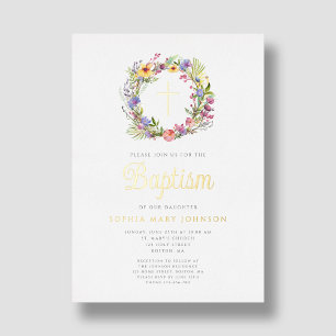 Elegant Floral Wreath Religious Girl Baptism Gold Foil Invitation