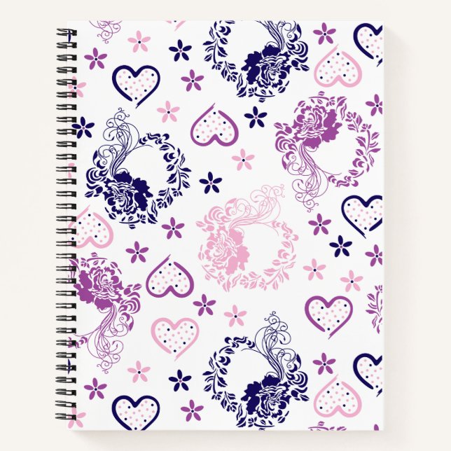 Elegant Floral Wreath & Romantic Hearts Notebook (Front)