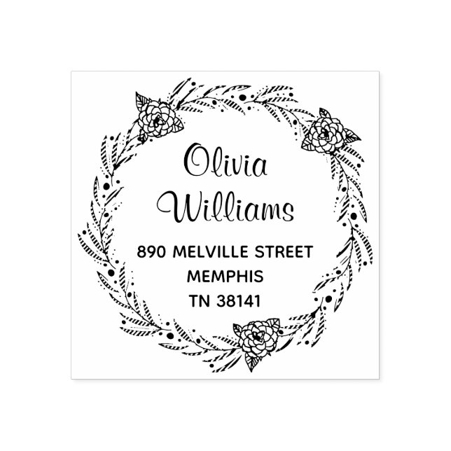 Elegant Floral Wreath Round Return Address Stamp (Imprint)