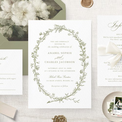 Elegant Floral Wreath Vintage Sage Green Wedding Invitation