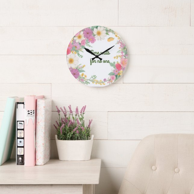 Elegant Floral Wreath Wall Clock – "Time Waits for (Reading Room)