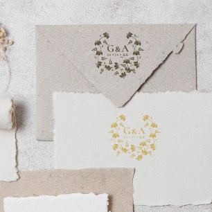 Elegant Floral Wreath Wedding Initials Rubber Stamp