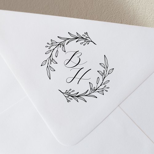 Elegant Floral Wreath Wedding Monogram Rubber Stamp